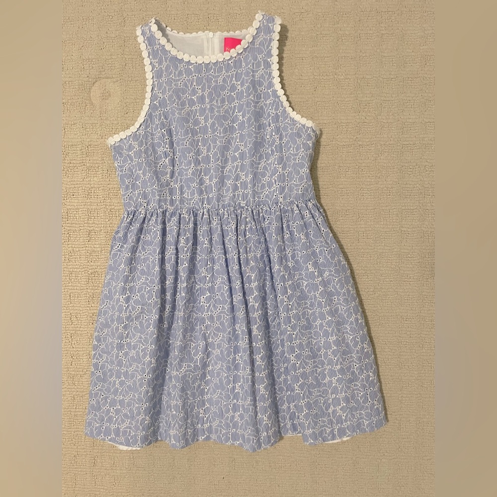 Lily Pulitzer blue eyelet dress with. Detail at neckline and shoulders